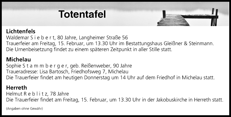  Traueranzeige für Totentafel vom 14.02.2019 vom 14.02.2019 aus MGO