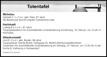 Anzeige von Totentafel vom 15.02.2019 von MGO
