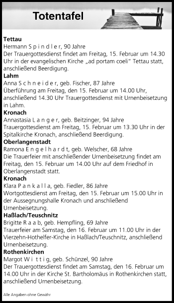 Anzeige von Totentafel vom 15.02.2019 von MGO