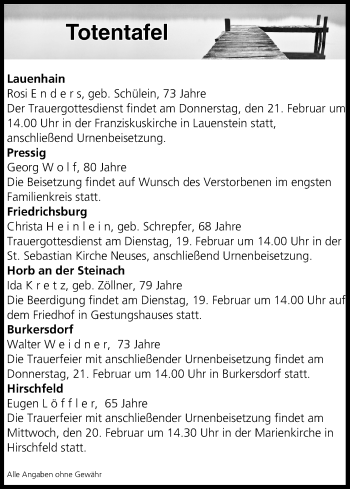 Anzeige von Totentafel vom 19.02.2019 von MGO