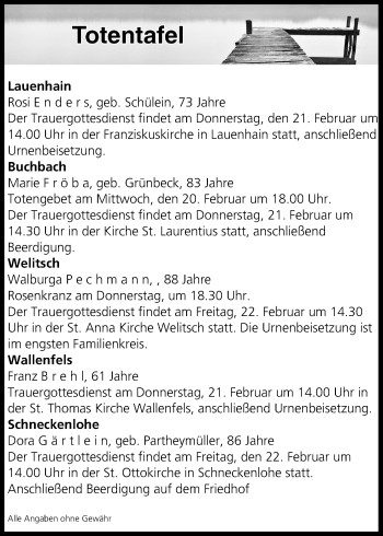Anzeige von Totentafel vom 20.02.2019 von MGO