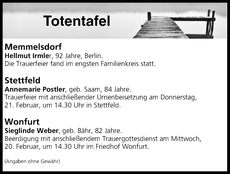  Traueranzeige für Totentafel vom 20.02.2019 vom 20.02.2019 aus MGO