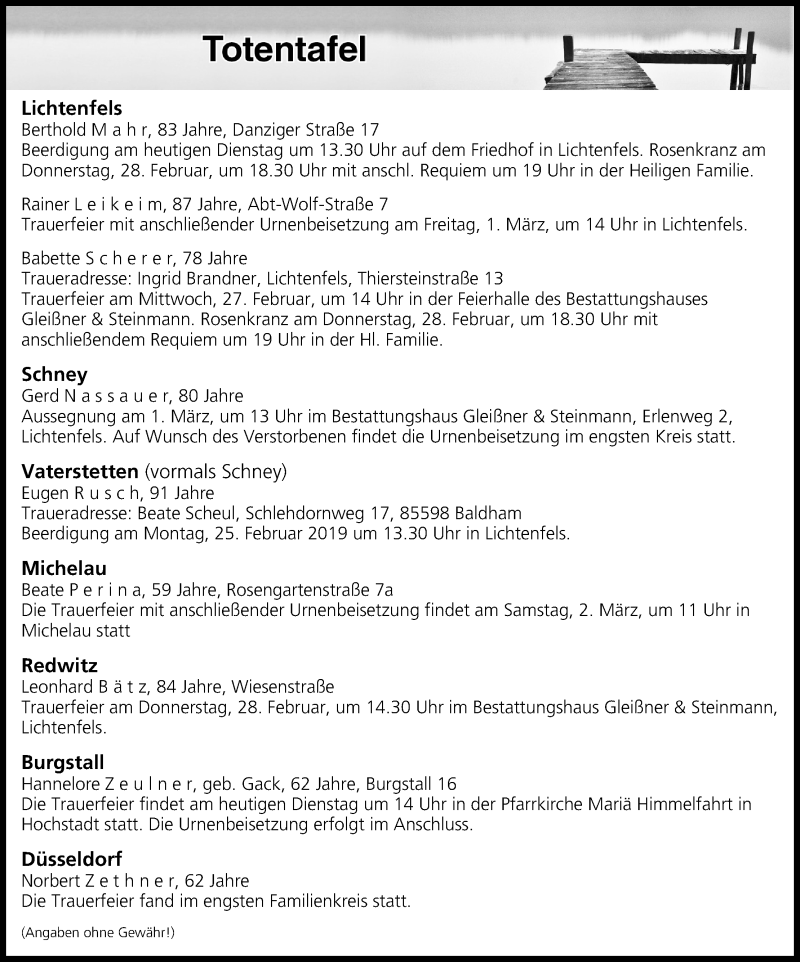  Traueranzeige für Totentafel vom 26.02.2019 vom 26.02.2019 aus MGO
