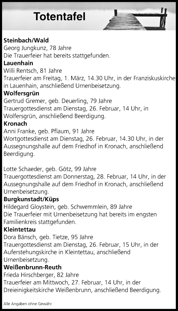  Traueranzeige für Totentafel vom 26.02.2019 vom 26.02.2019 aus MGO