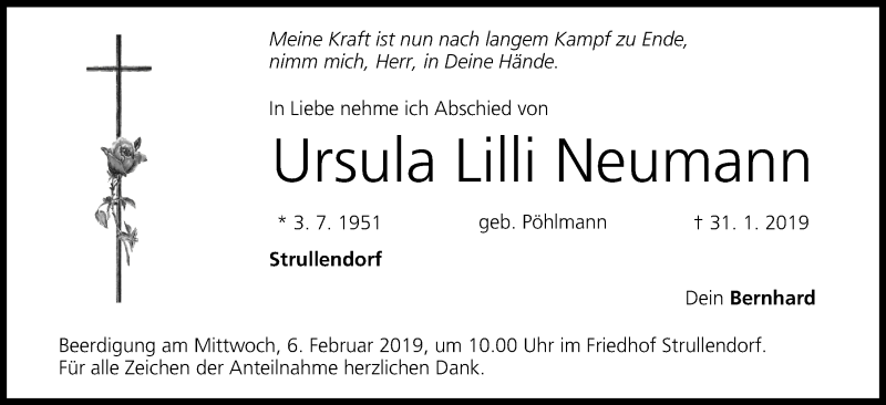  Traueranzeige für Ursula Lilli Neumann vom 02.02.2019 aus MGO