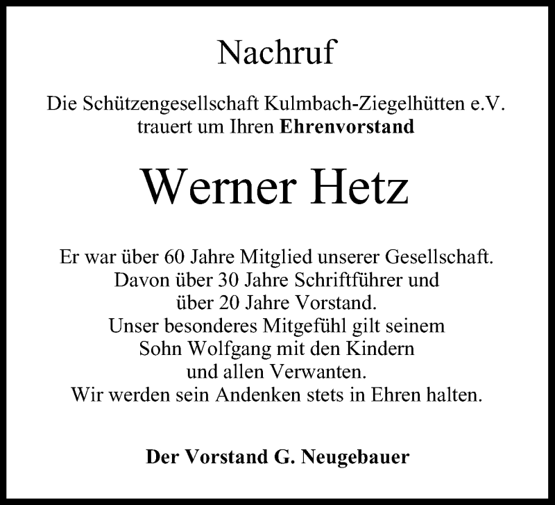  Traueranzeige für Werner Hetz vom 25.02.2019 aus MGO
