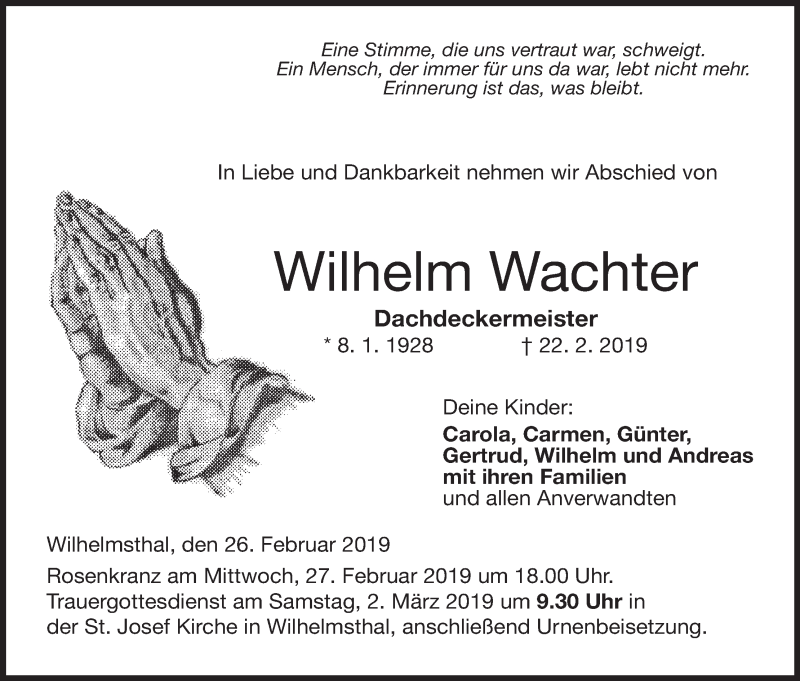  Traueranzeige für Wilhelm Wachter vom 26.02.2019 aus MGO