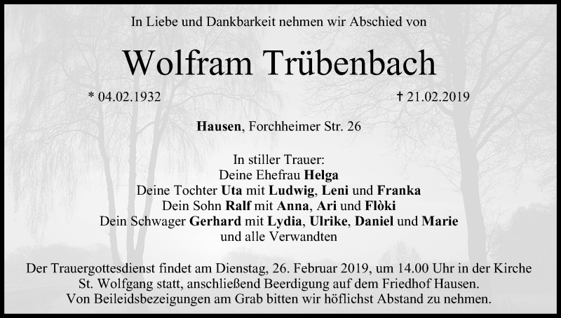  Traueranzeige für Wolfram Trübenbach vom 23.02.2019 aus MGO
