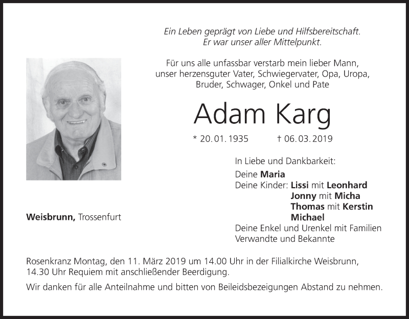  Traueranzeige für Adam Karg vom 08.03.2019 aus MGO