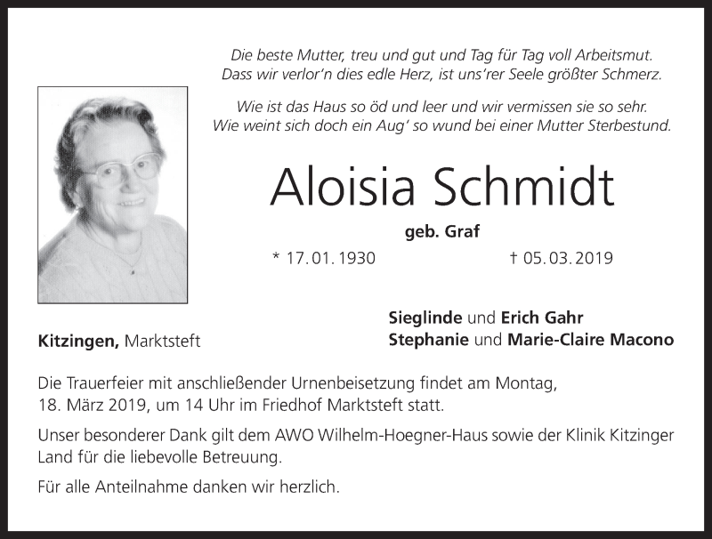  Traueranzeige für Aloisia Schmidt vom 09.03.2019 aus MGO