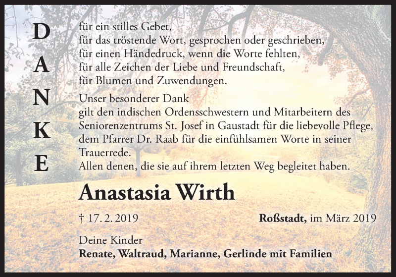  Traueranzeige für Anastasia Wirth vom 09.03.2019 aus MGO