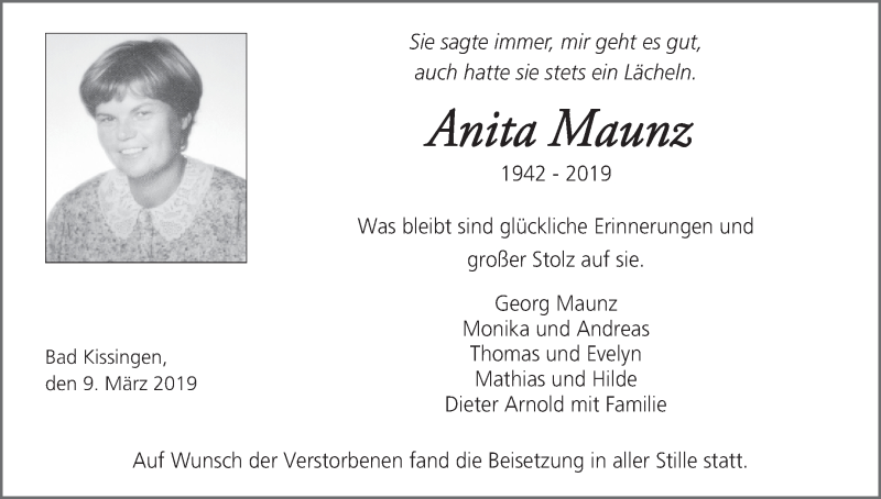  Traueranzeige für Anita Maunz vom 09.03.2019 aus MGO
