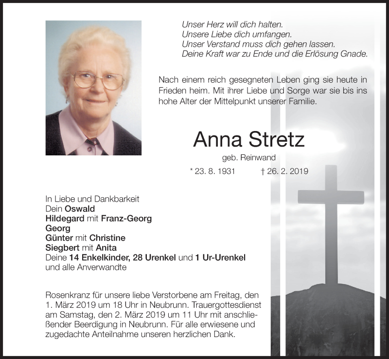  Traueranzeige für Anna Stretz vom 01.03.2019 aus MGO