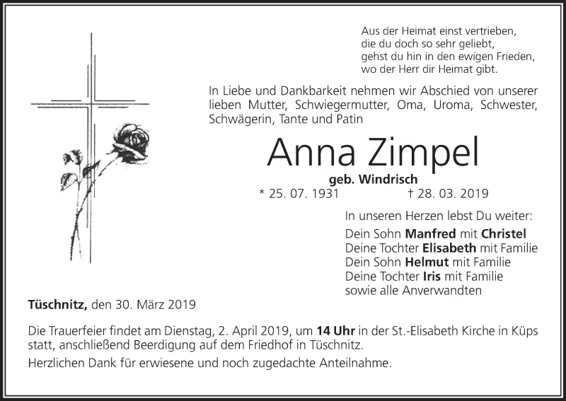  Traueranzeige für Anna Zimpel vom 30.03.2019 aus MGO