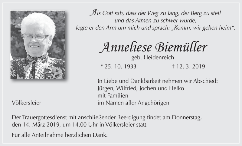  Traueranzeige für Anneliese Biemüller vom 13.03.2019 aus MGO