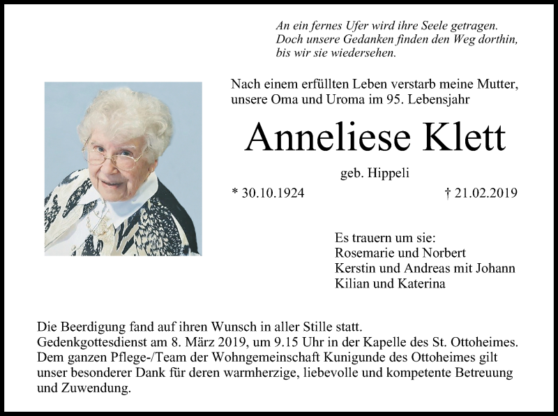  Traueranzeige für Anneliese Klett vom 02.03.2019 aus MGO
