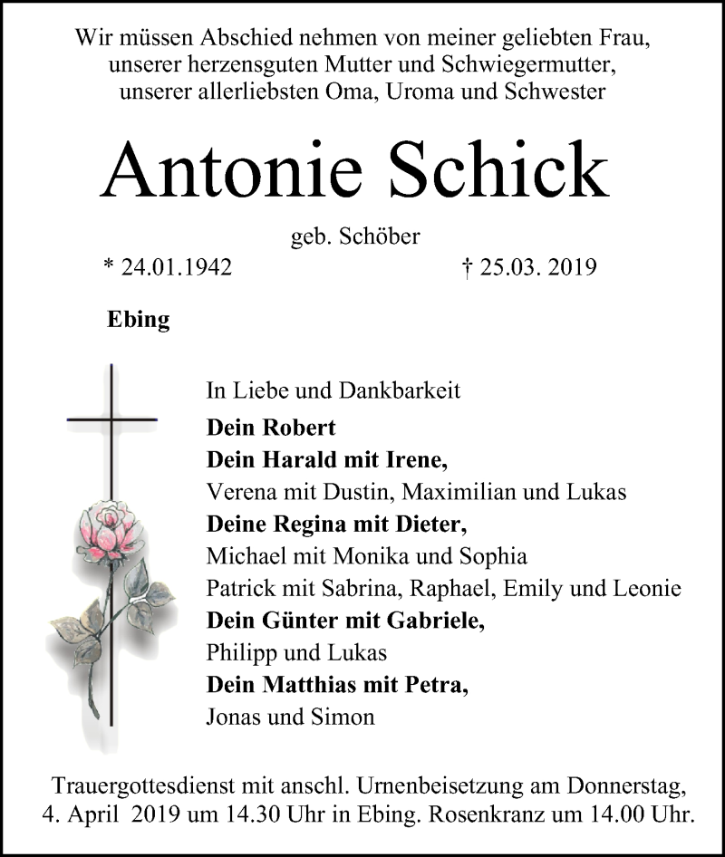  Traueranzeige für Antonie Schick vom 30.03.2019 aus MGO