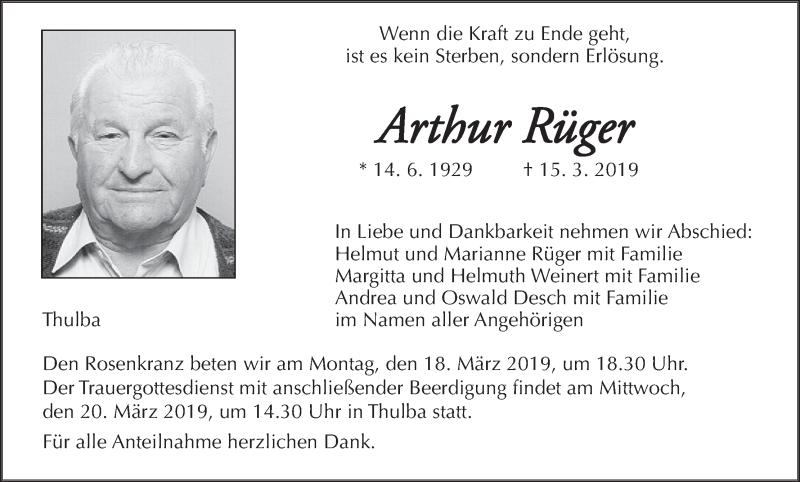  Traueranzeige für Arthur Rüger vom 18.03.2019 aus MGO