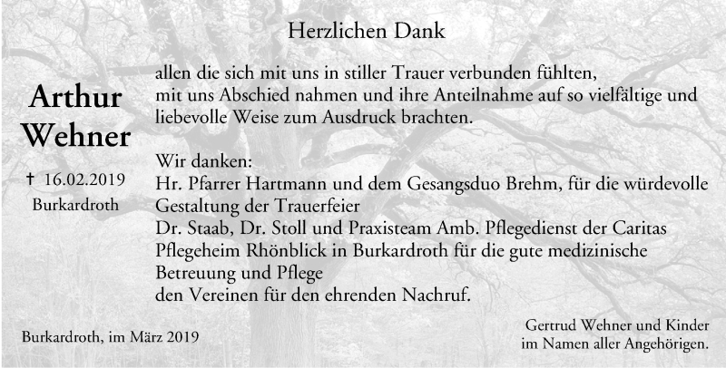  Traueranzeige für Arthur Wehner vom 16.03.2019 aus MGO