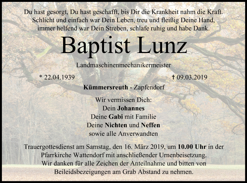  Traueranzeige für Baptist Lunz vom 14.03.2019 aus MGO