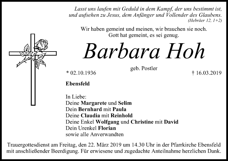  Traueranzeige für Barbara Hoh vom 20.03.2019 aus MGO