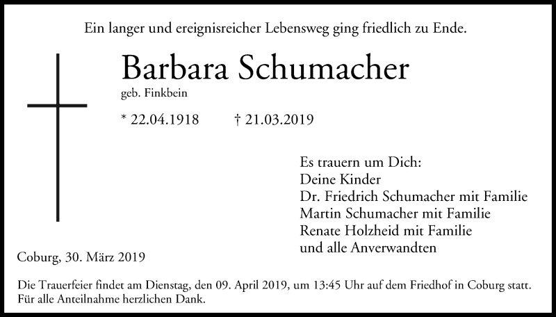  Traueranzeige für Barbara Schumacher vom 30.03.2019 aus MGO