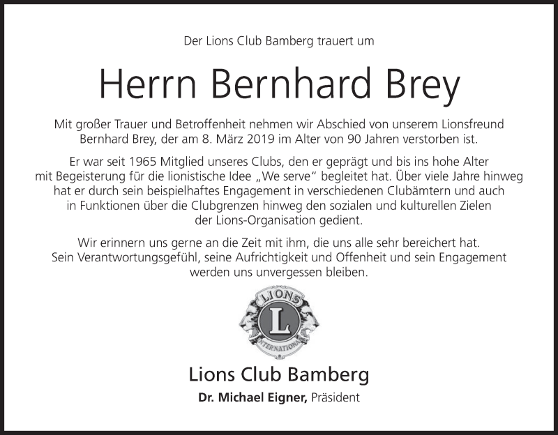  Traueranzeige für Bernhard Brey vom 12.03.2019 aus MGO