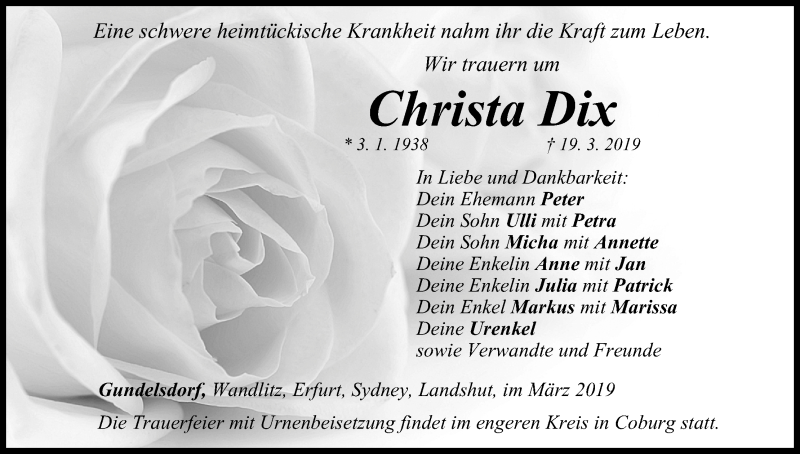  Traueranzeige für Christa Dix vom 25.03.2019 aus MGO