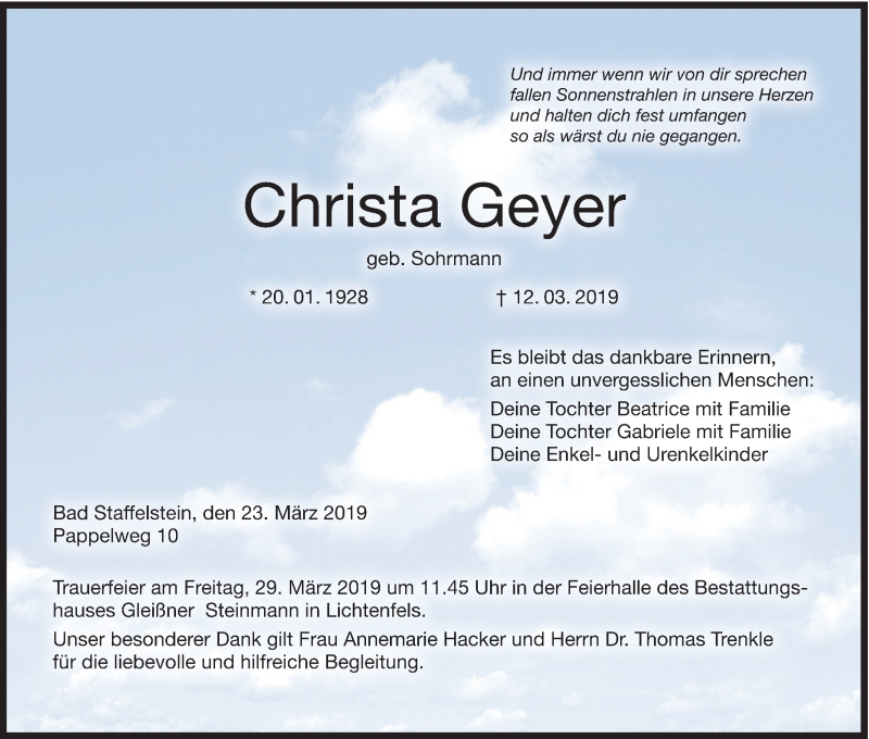  Traueranzeige für Christa Geyer vom 23.03.2019 aus MGO