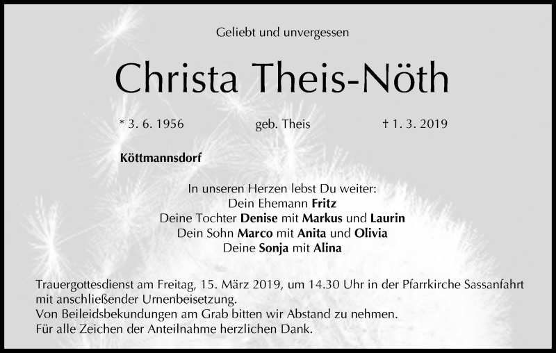  Traueranzeige für Christa Theis-Nöth vom 09.03.2019 aus MGO