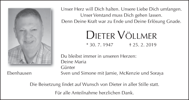  Traueranzeige für Dieter Völlmer vom 02.03.2019 aus MGO
