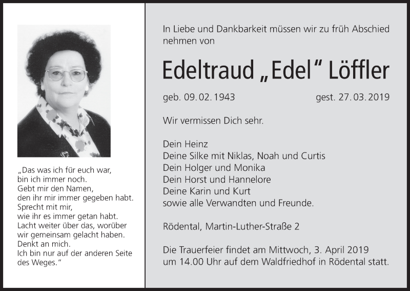  Traueranzeige für Edeltraud Löffler vom 30.03.2019 aus MGO