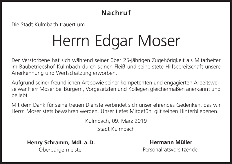  Traueranzeige für Edgar Moser vom 09.03.2019 aus MGO