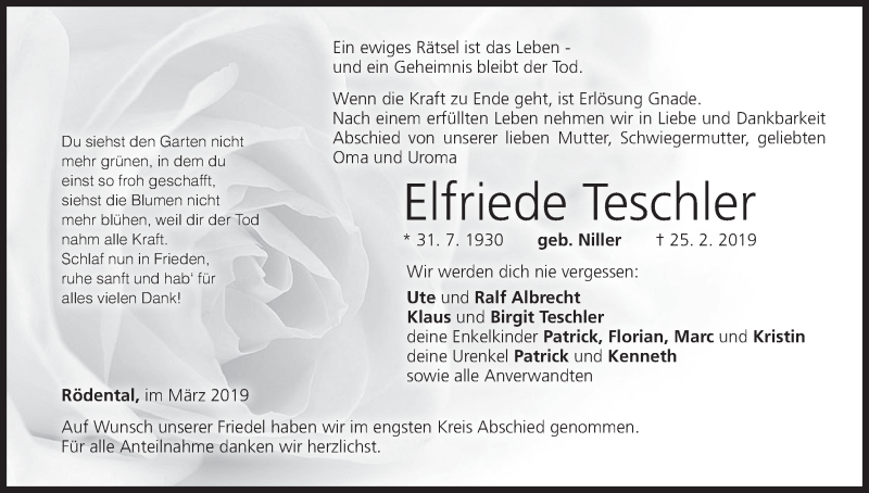  Traueranzeige für Elfriede Teschler vom 05.03.2019 aus MGO