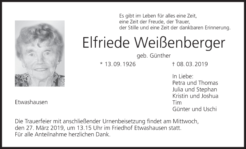  Traueranzeige für Elfriede Weißenberger vom 23.03.2019 aus MGO