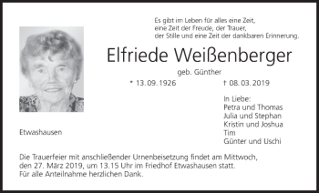 Anzeige von Elfriede Weißenberger von MGO