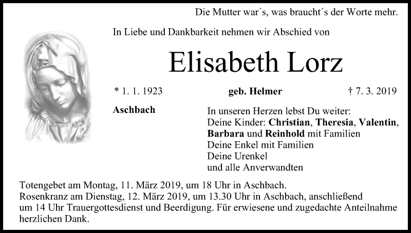  Traueranzeige für Elisabeth Lorz vom 09.03.2019 aus MGO