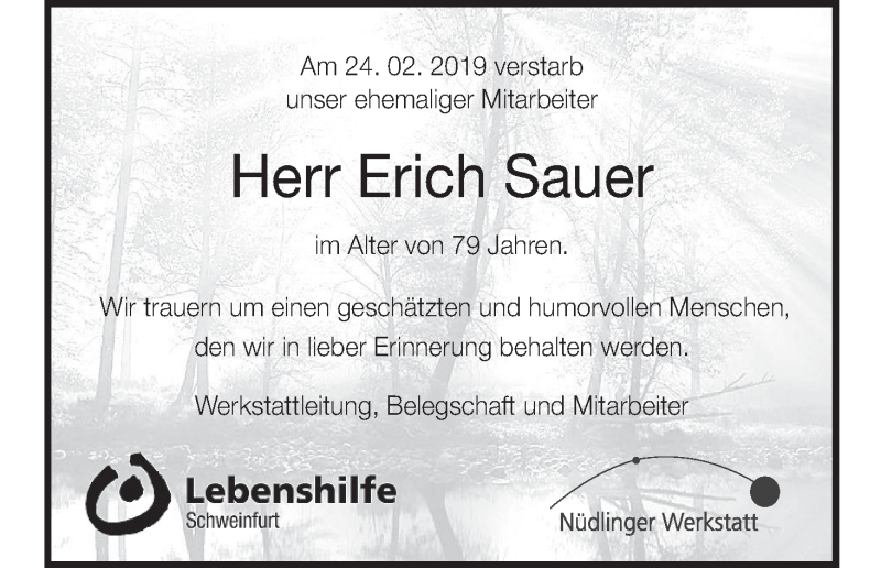  Traueranzeige für Erich Sauer vom 07.03.2019 aus MGO