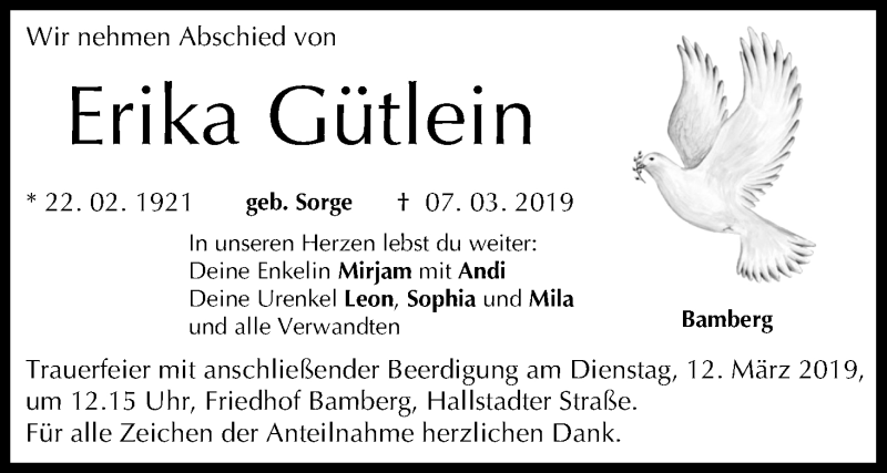 Traueranzeige für Erika Gütlein vom 09.03.2019 aus MGO