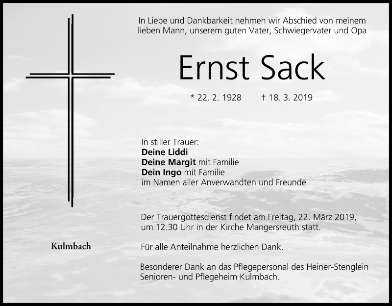  Traueranzeige für Ernst Sack vom 21.03.2019 aus MGO
