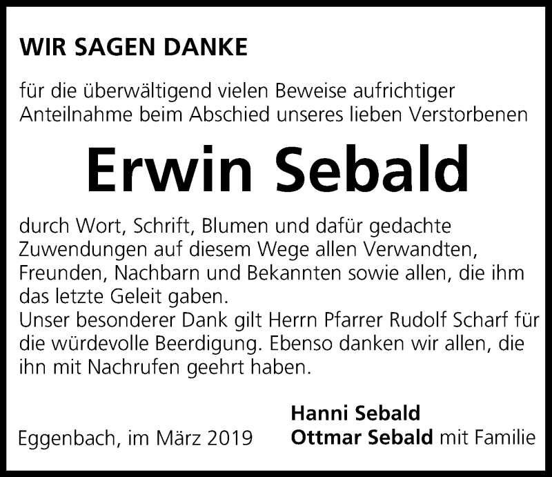  Traueranzeige für Erwin Sebald vom 16.03.2019 aus MGO