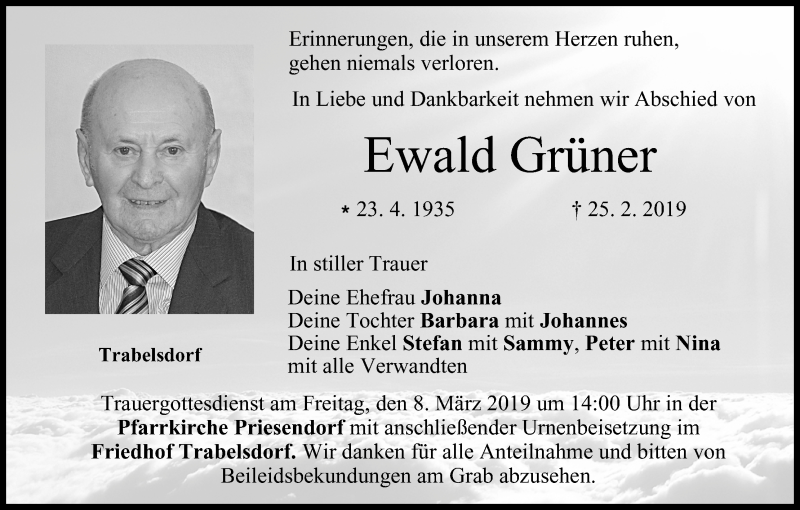  Traueranzeige für Ewald Grüner vom 06.03.2019 aus MGO