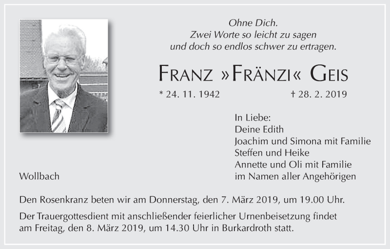  Traueranzeige für Franz Geis vom 02.03.2019 aus MGO