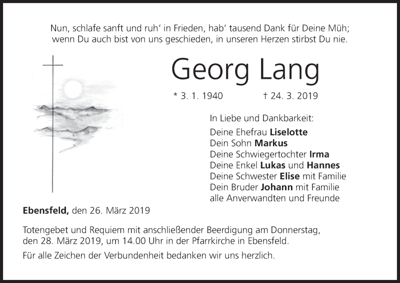  Traueranzeige für Georg Lang vom 26.03.2019 aus MGO