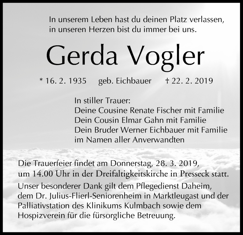  Traueranzeige für Gerda Vogler vom 26.03.2019 aus MGO