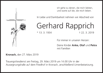 Anzeige von Gerhard Rapprich von MGO