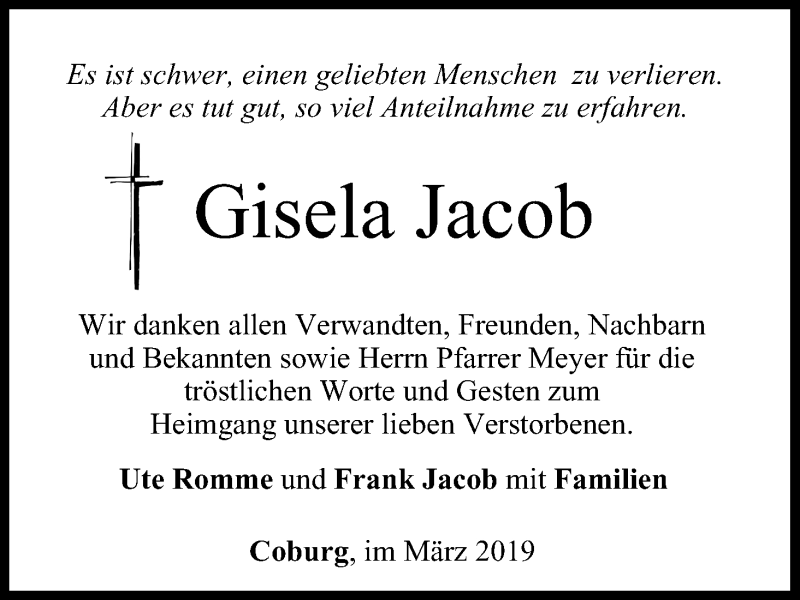  Traueranzeige für Gisela Jacob vom 02.03.2019 aus MGO