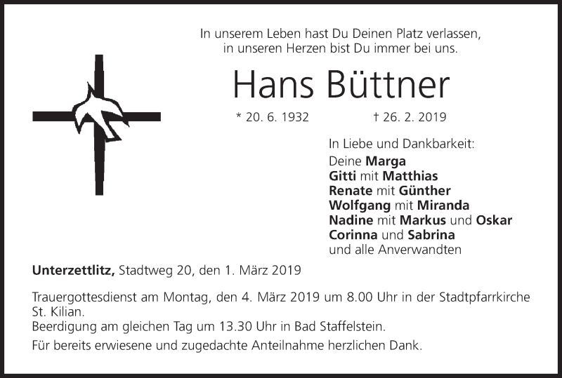  Traueranzeige für Hans Büttner vom 01.03.2019 aus MGO