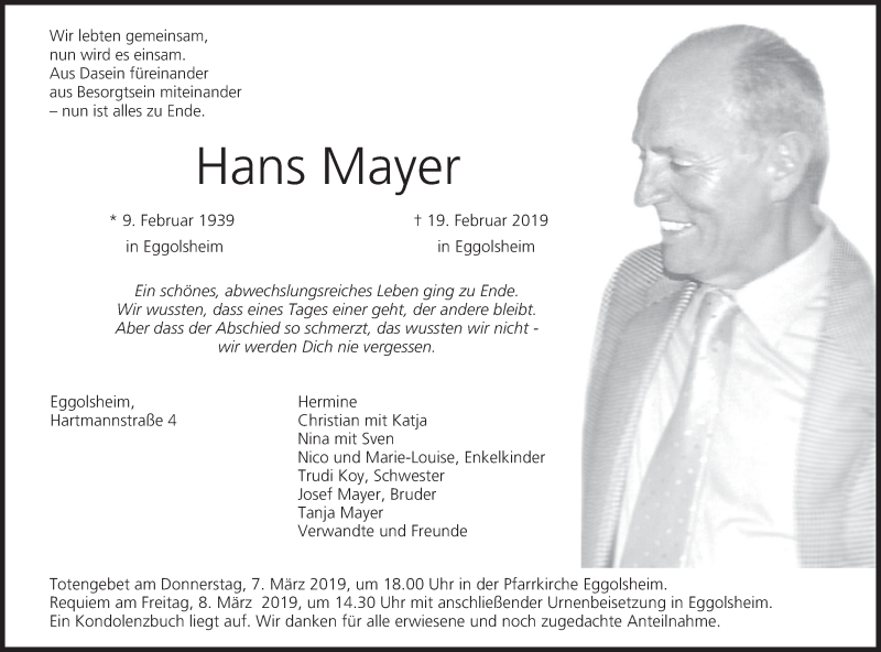 Traueranzeige für Hans Mayer vom 02.03.2019 aus MGO