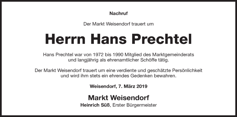  Traueranzeige für Hans Prechtel vom 07.03.2019 aus MGO